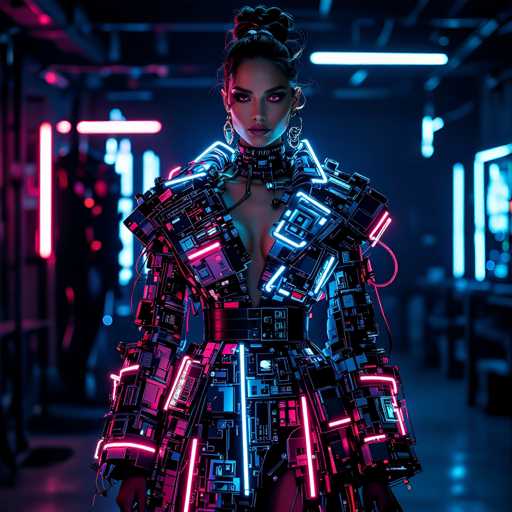 The image shows a woman standing in front of a mirror wearing a futuristic dress made up of neon lights and circuit boards. The dress is designed with various electronic components that give it a unique and futuristic appearance. The woman's pose suggests she is posing for the photo, possibly to showcase her outfit or express her style.