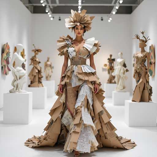 The image shows a woman wearing an elaborate costume made entirely out of cardboard boxes and paper mache. The costume is designed with a long train that flows behind her as she walks down the runway. She stands in front of several other cardboard box sculptures, which are also part of the fashion show's theme.

There are at least six other sculptures visible in the image, each unique in their design and size. They are arranged in various positions around the woman, creating a visually interesting backdrop for her performance. The overall atmosphere of the scene is one of creativity and artistry, with the cardboard box costumes and sculptures serving as the main focus.
