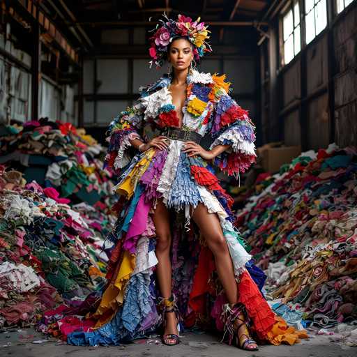 A woman stands confidently in front of a pile of colorful fabric and clothing items, wearing a vibrant dress with ruffles and flowers on her head.