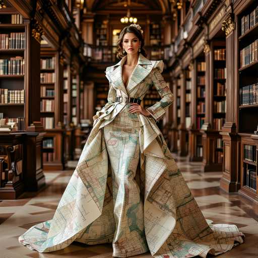 The image shows a woman standing in a library surrounded by numerous bookshelves filled with books of various sizes and colors. The woman is wearing an elegant white dress with a map pattern on the skirt, paired with a high-collared blazer over it. She has her hands placed on her hips, exuding confidence and poise.