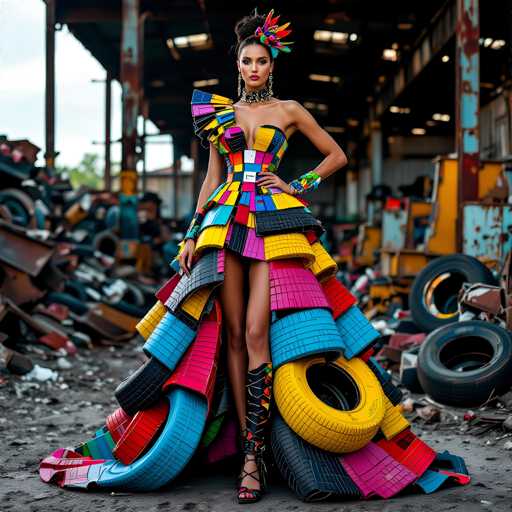 A woman is standing in front of a pile of tires and metal beams, wearing a colorful dress with a ruffled collar and high heels. The background includes a building and some trees.