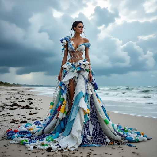 A woman stands on a beach wearing an elaborate blue and white dress made entirely of plastic bottles. The dress is designed with ruffles and lace-like elements that add to its unique appearance. The woman's pose suggests she is posing for the photo, possibly against the backdrop of the ocean or other natural scenery typical of a beach setting.