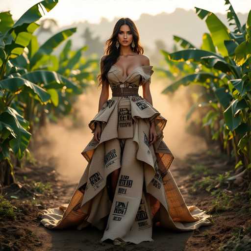 A woman is standing on a dirt path surrounded by banana trees and wearing a long, flowing dress made of burlap with the words "JUAN" printed on it.