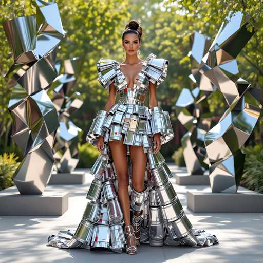 A woman is walking down a path in front of a series of sculptures made from silver and glass pieces arranged in the shape of trees. The woman is wearing a long, flowing dress with ruffled sleeves that cascades down to her feet, and she has her hair styled in an elegant updo.