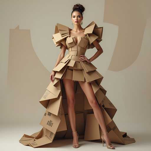 The image shows a woman standing against a beige background with her back facing the camera. She is wearing a unique dress made of cardboard boxes and has high heels on. The dress features a ruffled collar and a train that adds to its distinctive style.