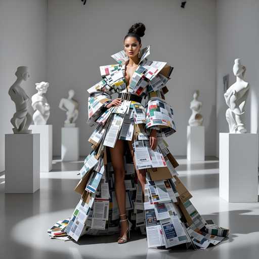 The image shows a woman standing in an art gallery wearing a unique dress made entirely of newspapers and magazines. The dress is designed with various sections cut out from the pages, creating a layered and textured appearance. The woman's pose suggests she is posing for the photo, showcasing her one-of-a-kind attire against the backdrop of the white walls and sculptures in the gallery.

The art gallery itself has an elegant and minimalist aesthetic, with white walls that highlight the artwork on display. Sculptures are also present throughout the space, adding to the artistic atmosphere. The woman's dress is a striking contrast to the traditional art pieces surrounding her, making it the focal point of the image.