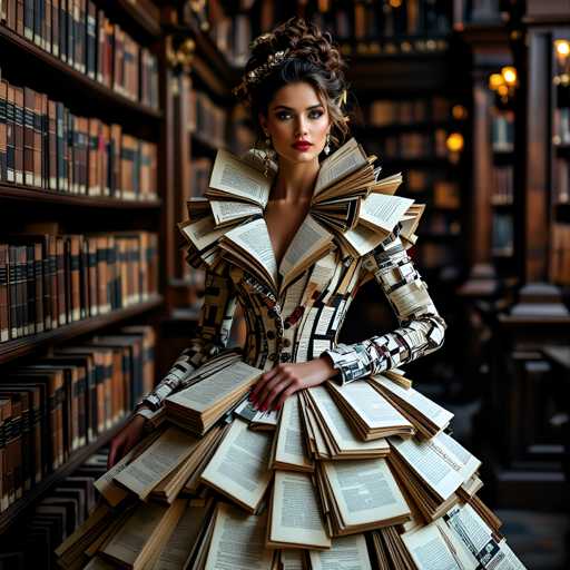 A woman is standing in front of a bookshelf filled with numerous books. She is wearing an elaborate dress made entirely out of books and has her hair styled in an intricate updo. The background features a wooden floor that complements the overall aesthetic of the scene.