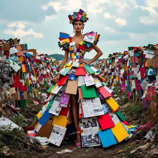 A woman stands in front of a pile of colorful newspapers and magazines, wearing a vibrant dress made entirely out of these materials. The dress is a riot of colors - red, yellow, green, blue, and orange - with the pattern resembling a patchwork quilt or a collage. The woman's hair is styled in an intricate updo, adorned with a headband that matches the colorful theme of her attire.