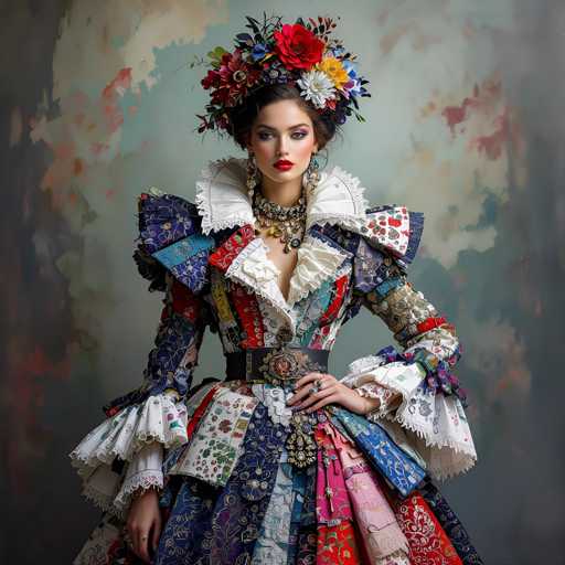 A woman is standing against a gray background with her hands on her hips and wearing a colorful dress adorned with flowers and ribbons.
