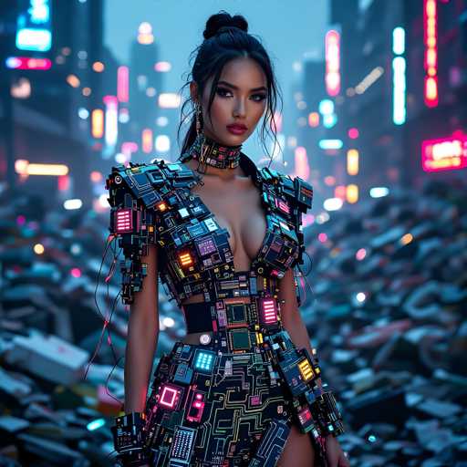 A woman is standing in front of a pile of rubble and neon lights on the street at night. She is wearing a futuristic dress made up of small circuit boards and neon lights that glow against the dark background. The woman has her hair styled in an updo with a black headband, and she is looking directly at the camera.