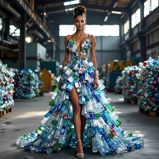 A woman is standing on a concrete floor wearing a dress made entirely out of plastic bottles and cans. The dress has a deep blue bodice with a white skirt that flows down to her feet. She is wearing high heels and earrings. In the background, there are stacks of plastic bottles and cans in various colors including green, red, yellow, and blue.