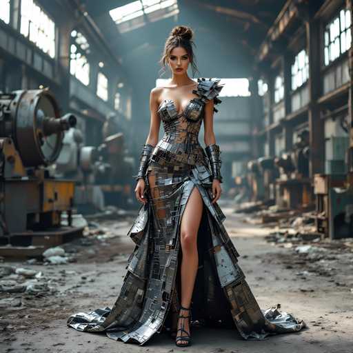 A woman stands confidently in an industrial setting, wearing a striking silver dress with intricate metallic designs and high heels. The background features large windows that reflect the light from above, creating a dramatic effect on the scene.