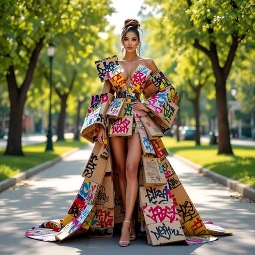 A woman is standing on a sidewalk wearing a dress made entirely out of cardboard boxes and bags with various graffiti designs. The dress has a long train that flows behind her as she poses for the photo.