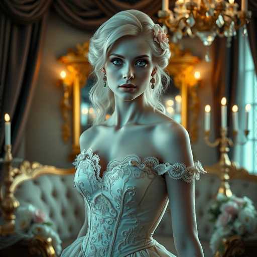 A woman with blonde hair and blue eyes is standing in a room filled with gold and white decorations. She is wearing a white dress with lace detailing on the bodice and skirt, which contrasts with her blonde hair. The room has a chandelier hanging from the ceiling and a large mirror on the wall behind her. There are also flowers visible in the background.