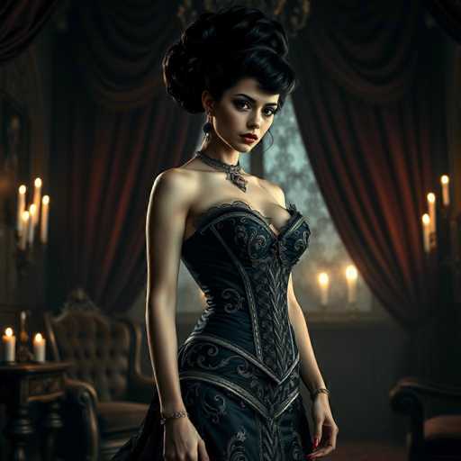 A woman stands confidently against a backdrop of a dark room with red curtains and a chandelier hanging from the ceiling. She wears a black corset with intricate gold embroidery and a long black dress adorned with silver sequins. The woman's hair is styled in an elegant updo, and she wears earrings that catch the light.