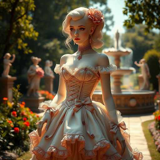A blonde woman wearing an ornate dress with a pink ribbon around her neck and earrings stands in front of a fountain surrounded by red flowers.