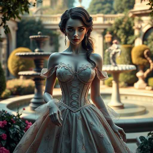 A woman is standing in front of a fountain with her hands on her hips and looking directly at the camera. She is wearing an elegant white dress with gold accents that flows down to her feet. The fountain behind her has a statue of a man holding a shield, which adds an air of majesty to the scene.