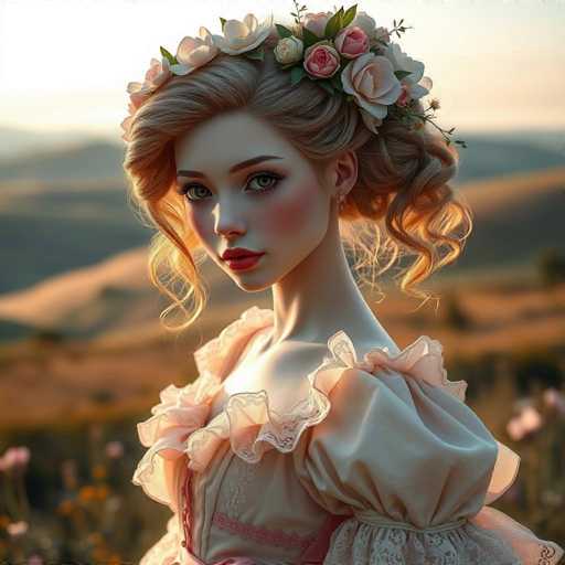 The image shows a close-up portrait of a young woman with blonde hair styled in loose curls and wearing a white dress adorned with pink flowers on her head. The background is blurred, suggesting the focus is on the woman's face and attire.