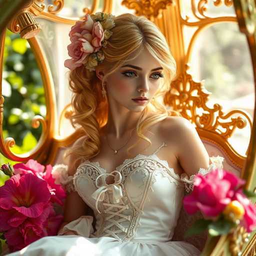 A woman with blonde hair and blue eyes is seated on a gold chair adorned with pink flowers. She is wearing a white dress that features lace detailing and a flower crown made of pink and white flowers. The background includes green foliage and a window.