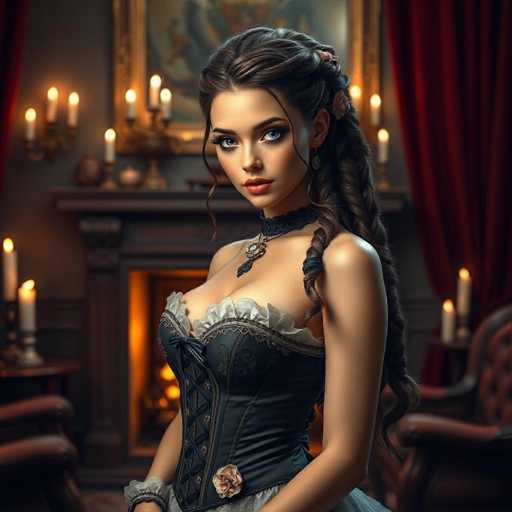 A woman with long brown hair is standing in front of a fireplace adorned with candles and a painting on the wall behind her. She is wearing a corset and a necklace that has a large pendant. The room also features a chair and a table.