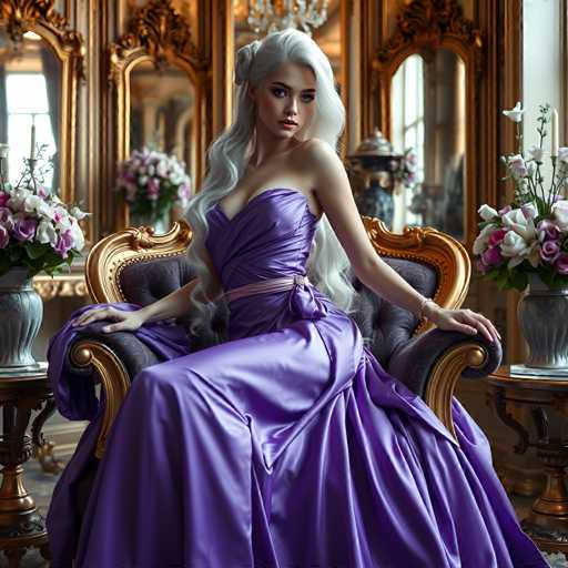 A woman with blonde hair is seated on a gold chair in front of a large mirror and two vases filled with pink flowers. She is wearing a purple dress that falls elegantly around her shoulders. The room has a warm and inviting atmosphere, with the golden furniture and floral decorations creating an air of luxury and sophistication.