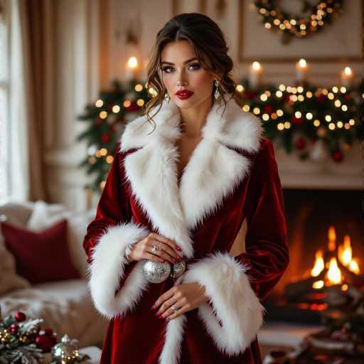 The image features a beautiful woman wearing a red fur coat and holding two Christmas ornaments. She is standing in front of a fireplace, which adds warmth to the scene. The room has white walls that complement her outfit, creating an elegant atmosphere for the holiday season.