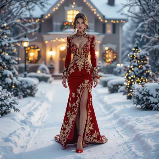 The image features a beautiful woman in an elegant red dress, walking down a snowy path. She is wearing high heels and has her hair styled in an updo. The scene takes place outside of a house with Christmas lights, creating a festive atmosphere around the woman as she walks through the snow.