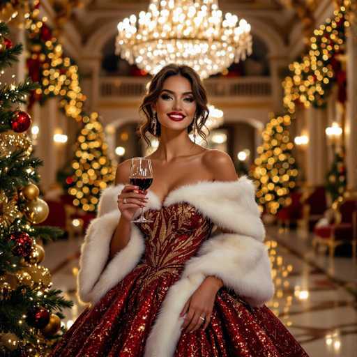 The image features a beautiful woman wearing an elegant red dress and white fur coat, standing in front of a Christmas tree. She is holding a glass of wine, which adds to the festive atmosphere. The room has a luxurious feel with several chairs placed around her, suggesting that it could be a fancy event or gathering.