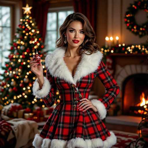 The image features a beautiful young woman dressed in a red and white plaid dress, standing next to a fireplace. She is wearing a fur collar and holding a Christmas ornament in her hand. The room has a cozy atmosphere with the presence of the fireplace, which adds warmth and comfort to the scene.