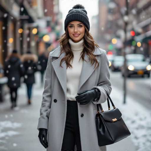 The image features a beautiful woman standing on the sidewalk in winter clothing, including a gray coat and black gloves. She is also wearing a hat with a pom pom on top of her head. The woman appears to be posing for a photo while holding a purse in one hand and a bag in another. 

In the background, there are several other people walking along the street or standing near buildings. A car can be seen parked further down the road, adding to the urban atmosphere of the scene.
