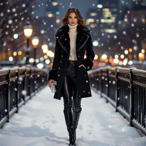 The image features a beautiful young woman walking down a snowy street in the city. She is dressed in a stylish black coat with fur trim, and she carries a purse as she walks. The snow-covered surroundings create an enchanting atmosphere for this winter scene.