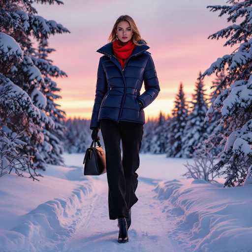 The image features a beautiful woman walking down a snowy path in the woods. She is wearing a blue coat and black pants, with her hands tucked into her pockets as she walks. The woman also has a handbag on her shoulder, which adds to her stylish appearance. The setting appears to be during sunset, creating a serene atmosphere for this winter scene.