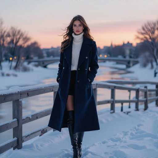 The image features a beautiful young woman standing in the snow, wearing a long blue coat and black boots. She is positioned near a wooden fence that runs along the edge of a river or lake, with trees visible in the background. The scene captures her elegance as she poses for the picture against this picturesque winter landscape.