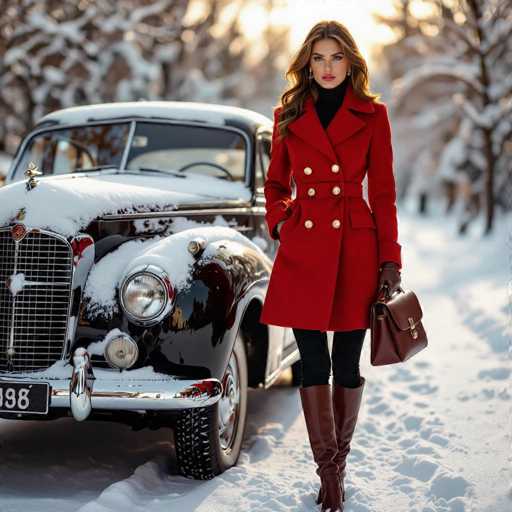 The image features a beautiful young woman standing in the snow next to an old car. She is wearing a red coat, which complements her outfit and adds a pop of color against the snowy backdrop. The woman also has a handbag and boots on, further enhancing her winter attire. The vintage car parked nearby adds a touch of nostalgia to the scene, creating a picturesque setting for this stylish young lady.
