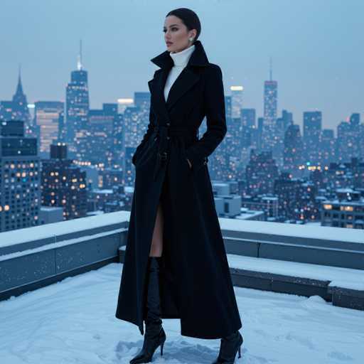 The image features a woman standing on a rooftop in the city, wearing a long black coat and tall boots. She is positioned near the center of the scene, with her back to the camera. The backdrop includes buildings that stretch out into the distance, creating an urban atmosphere. The woman appears to be posing for a photo while enjoying the view from this elevated vantage point.