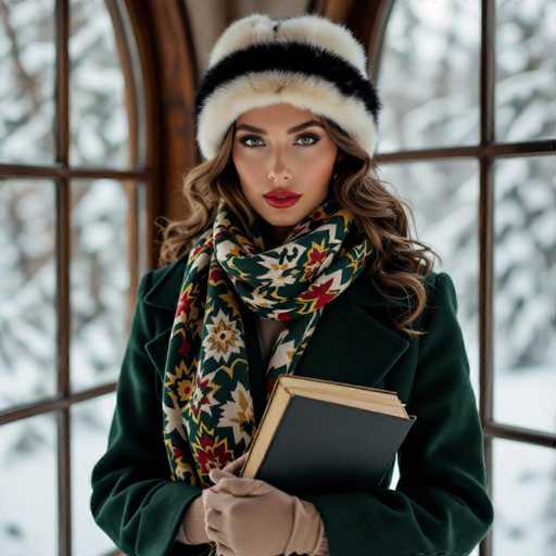 The image features a beautiful young woman wearing a green coat and a white hat with black trim. She is holding an open book in her hands, which appears to be a hardcover edition of a classic novel or a history book. The woman's attire suggests that she might be dressed for cold weather conditions, as the coat provides warmth and protection against the elements. Her stylish outfit and intellectual pursuits make this image both visually appealing and engaging.