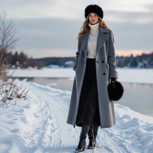 The image features a beautiful woman wearing a long gray coat and black boots, standing on snow-covered ground. She is also holding a purse in her hand while posing for the picture. The setting appears to be near a lake or river, with trees visible in the background, adding to the serene atmosphere of the scene.