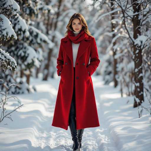 The image features a beautiful woman wearing a red coat and black boots, standing in the snow. She is positioned on a snowy path surrounded by trees, creating an enchanting winter scene. The woman appears to be posing for the picture while enjoying her time outdoors during this cold season.