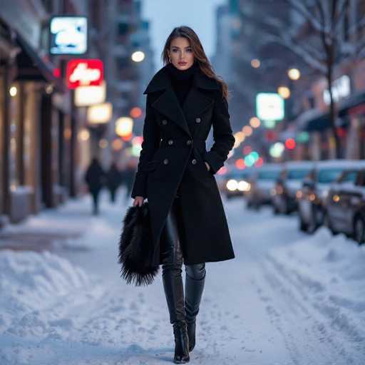 The image features a woman walking down the street in winter clothing, including a long black coat and leather pants. She is carrying a purse over her shoulder as she walks along the snowy sidewalk. The scene takes place on a city street at night with several cars parked or driving by, creating an urban atmosphere.