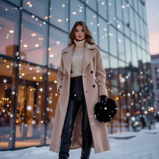 The image features a beautiful woman standing in front of a large building, possibly an office or store. She is dressed elegantly for the winter season with a long coat and black boots. The woman appears to be posing confidently for the photo while holding a handbag. Her attire suggests that she might be attending a formal event or simply enjoying her day out despite the cold weather.