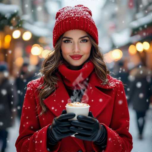 The image features a beautiful woman wearing a red coat and hat, holding a cup of coffee in her hands. She is standing on a snowy street with other people around her, creating an urban winter scene. The woman appears to be enjoying the moment as she holds her warm beverage amidst the cold weather.