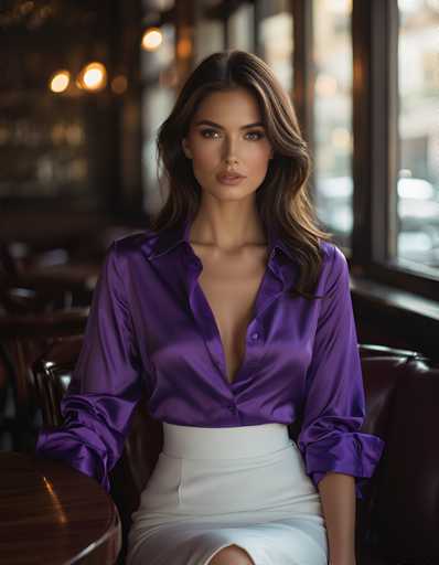 A woman is seated at a table with her legs crossed and wearing a purple dress and white skirt. She has long brown hair that falls over her shoulders. The background features a window with blinds, allowing natural light to illuminate the room.
