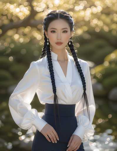 A young woman with long black hair is standing against a backdrop of trees and water. She is wearing a white blouse and blue skirt, which contrasts with the natural colors around her. The background features a blurred image of trees and water, creating an impressionistic style that emphasizes the overall scene rather than focusing on specific details.