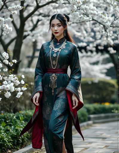 A woman is walking down a path lined with white flowers and trees. She is wearing a long, flowing green dress with red accents that reaches her knees. The dress features a large collar and cuffs, adding to its elegance. A necklace and earrings are also visible on the woman's neck and ears.