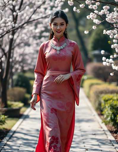 A woman is walking down a path lined with cherry blossom trees and shrubs. She is wearing a pink dress adorned with red flowers on the bodice and long sleeves that extend to her knees. The background features white flowers in full bloom against a green backdrop of trees and bushes, creating a serene and picturesque setting for the woman's journey down the path.
The image does not contain any discernible text or other objects, making it an ideal representation of a peaceful moment in nature.