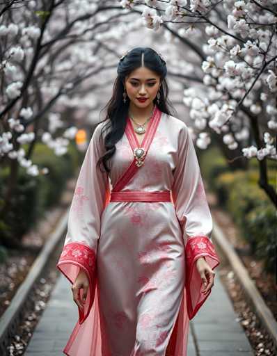 A woman is walking down a path lined with cherry blossom trees and white flowers. She is wearing a pink dress with red accents and a matching pink headband. The background features the same pink and white color scheme as her attire, creating a harmonious and serene atmosphere.