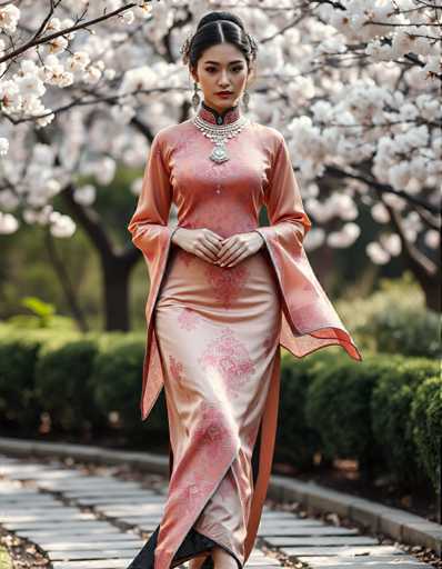 A woman is walking down a path lined with cherry blossom trees and bushes. She is wearing an orange dress with pink flowers on the skirt and a necklace around her neck. The background features white flowers against a green backdrop of trees and bushes.
