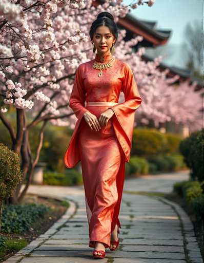 A woman is walking down a path lined with cherry blossom trees and pink flowers. She is wearing an orange dress that flows behind her as she strides forward. The background features a building with red roofing and white walls, adding to the picturesque setting of the scene.