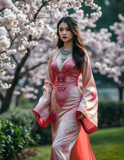 A woman is seen walking through a park with cherry blossom trees in the background. She is wearing an elegant pink dress that features intricate floral patterns and a matching pink shawl draped over her shoulders. The woman's hair is styled in loose waves, adding to her graceful appearance as she walks past the blossoming trees.