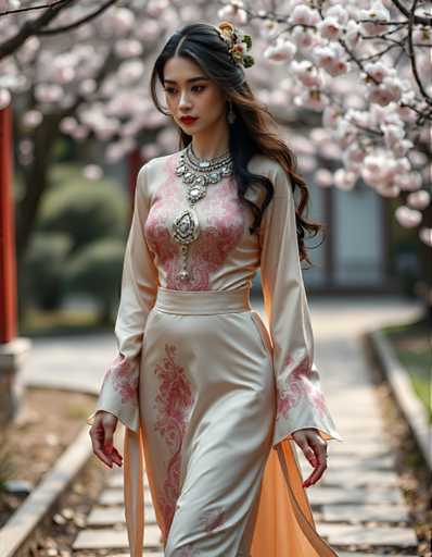 A woman is walking down a path lined with cherry blossom trees and white buildings. She is wearing an ornate pink dress with gold accents and a large pendant necklace.